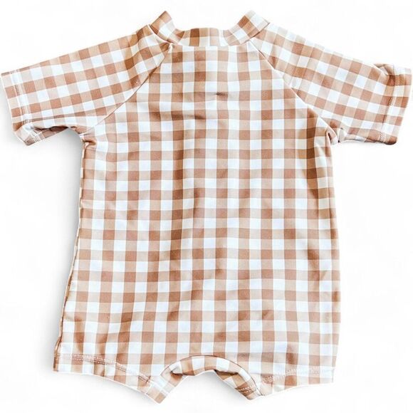 Mebie Baby Brown White Short Sleeve Gingham One Piece Rashguard Swimsuit 3-6M - Picture 3 of 5